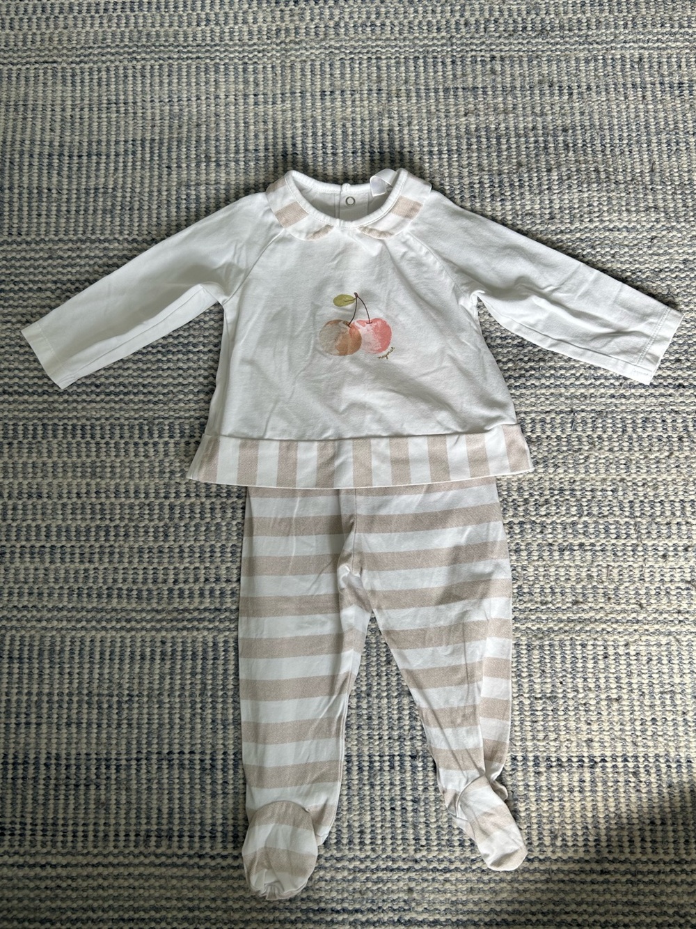 Mayoral White Set with Beige Stripes and Cherry Motif